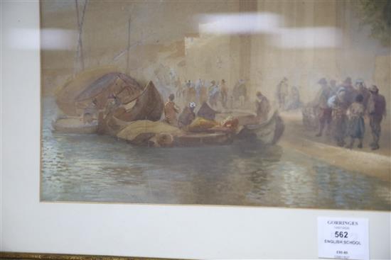 19th century English School, watercolour, Mediterranean harbour scene, 44 x 56cm